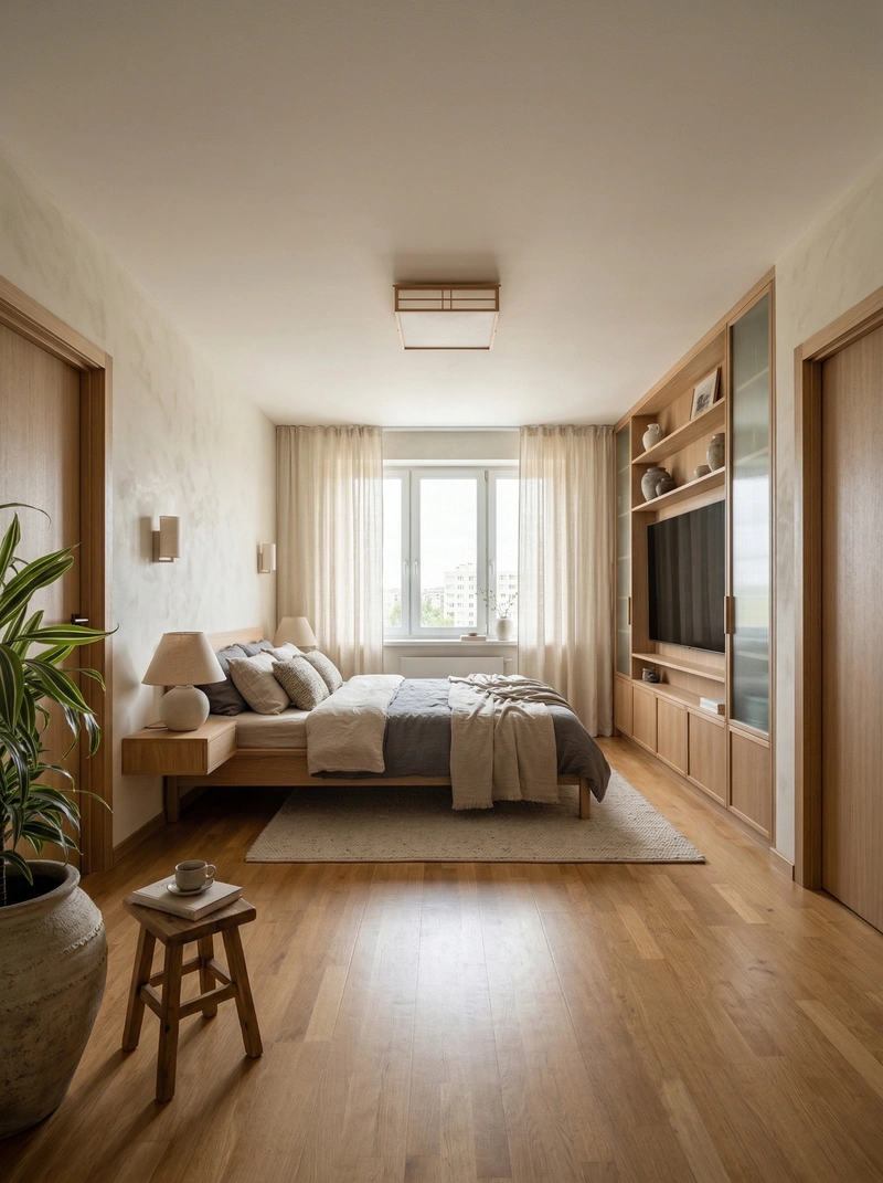 Дизайн спальни в стиле Japandi — фото интерьера от нейросети RoomGPT