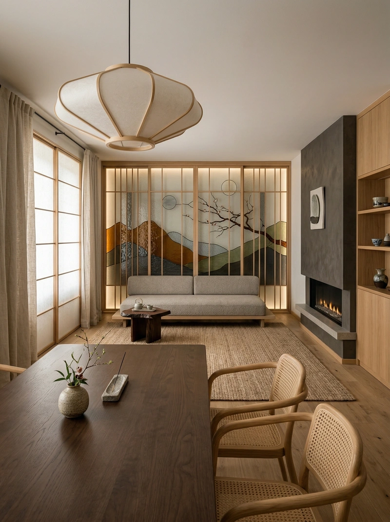 Дизайн гостиной в стиле Japandi — фото интерьера от нейросети RoomGPT