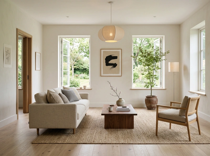 Дизайн гостиной в стиле Japandi — фото интерьера от нейросети RoomGPT