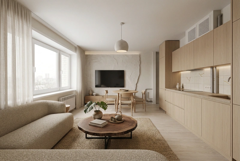 Дизайн гостиной в стиле Japandi — фото интерьера от нейросети RoomGPT