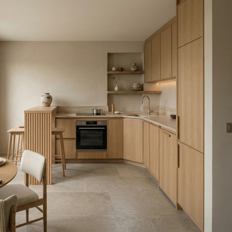 Дизайн кухни в стиле Japandi — фото интерьера от нейросети RoomGPT