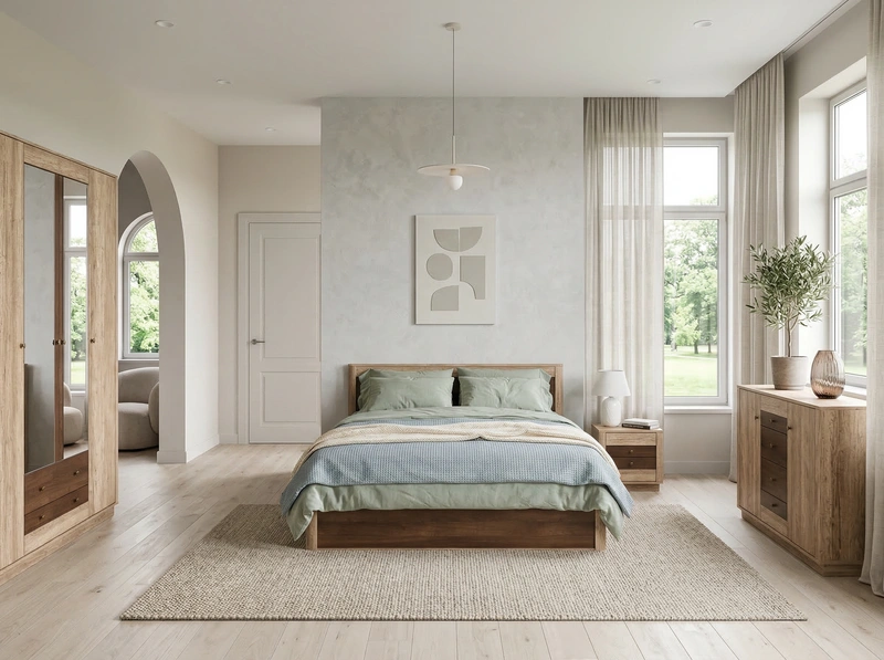 Дизайн спальни в стиле Сканди — фото интерьера от нейросети RoomGPT