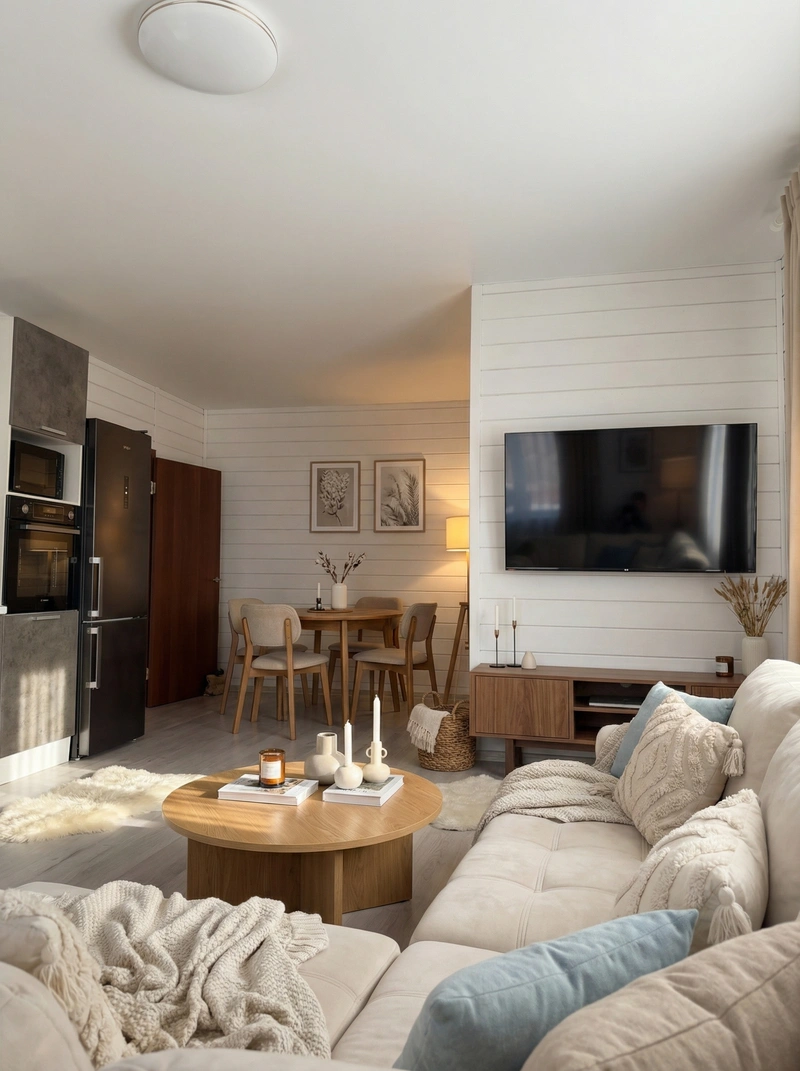 Дизайн гостиной в стиле Хюгге — фото интерьера от нейросети RoomGPT