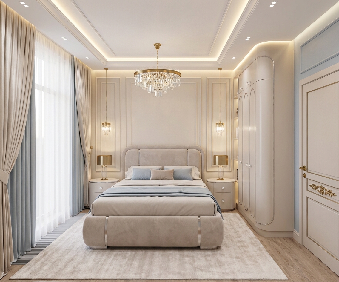 Дизайн спальни в стиле Неоклассика — фото интерьера от нейросети RoomGPT