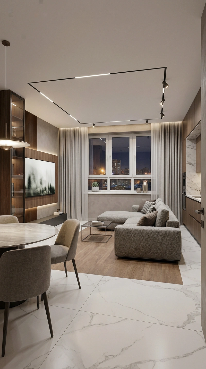 Дизайн интерьера в стиле Контемпорари — Гостиная от нейросети RoomGPT