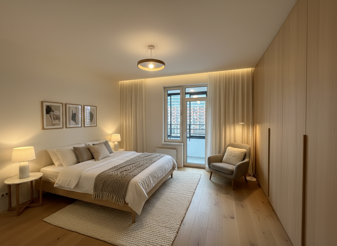 Дизайн спальни в стиле Сканди — фото интерьера от нейросети RoomGPT