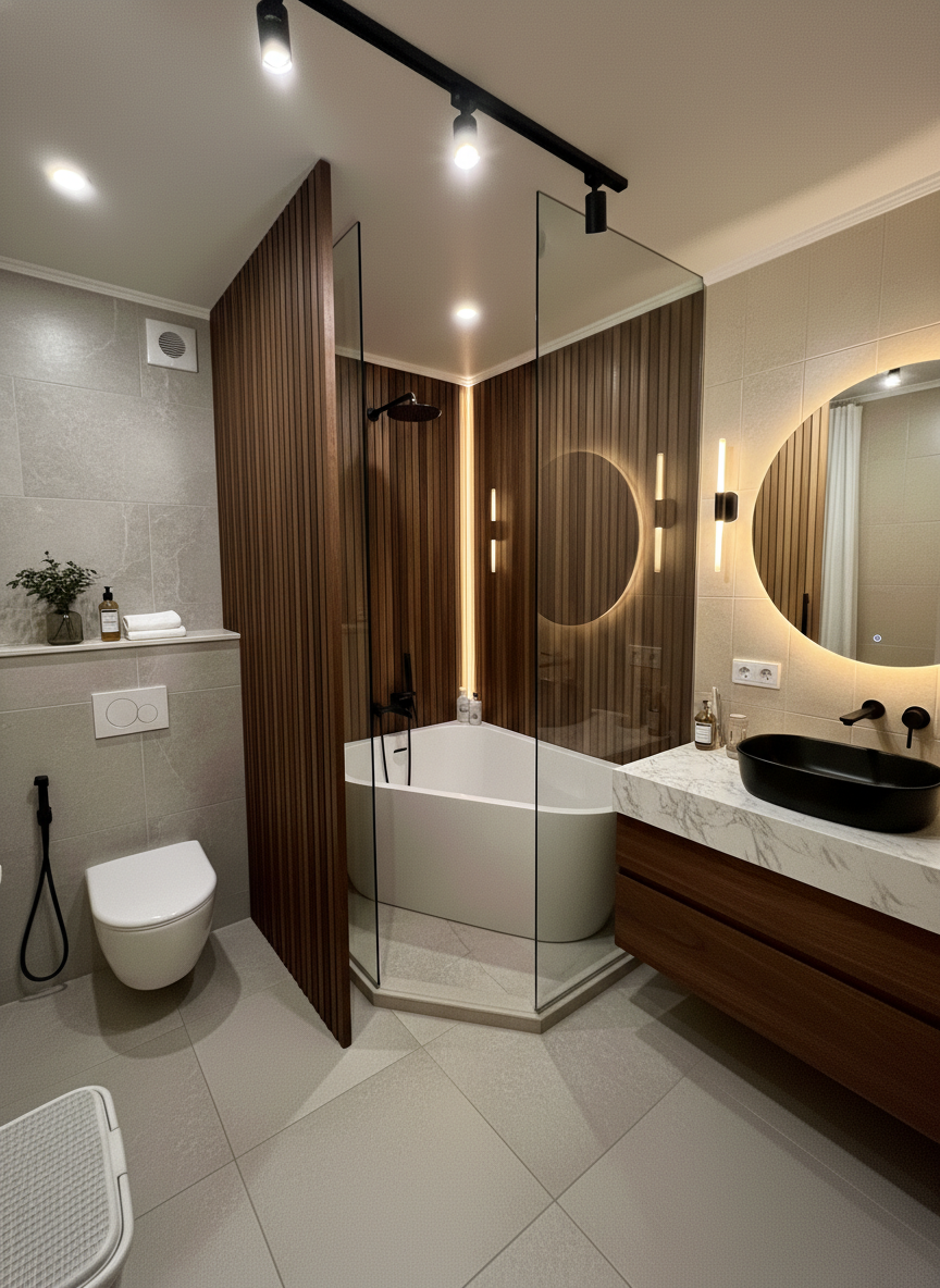 Дизайн ванной в стиле Контемпорари — фото интерьера от нейросети RoomGPT