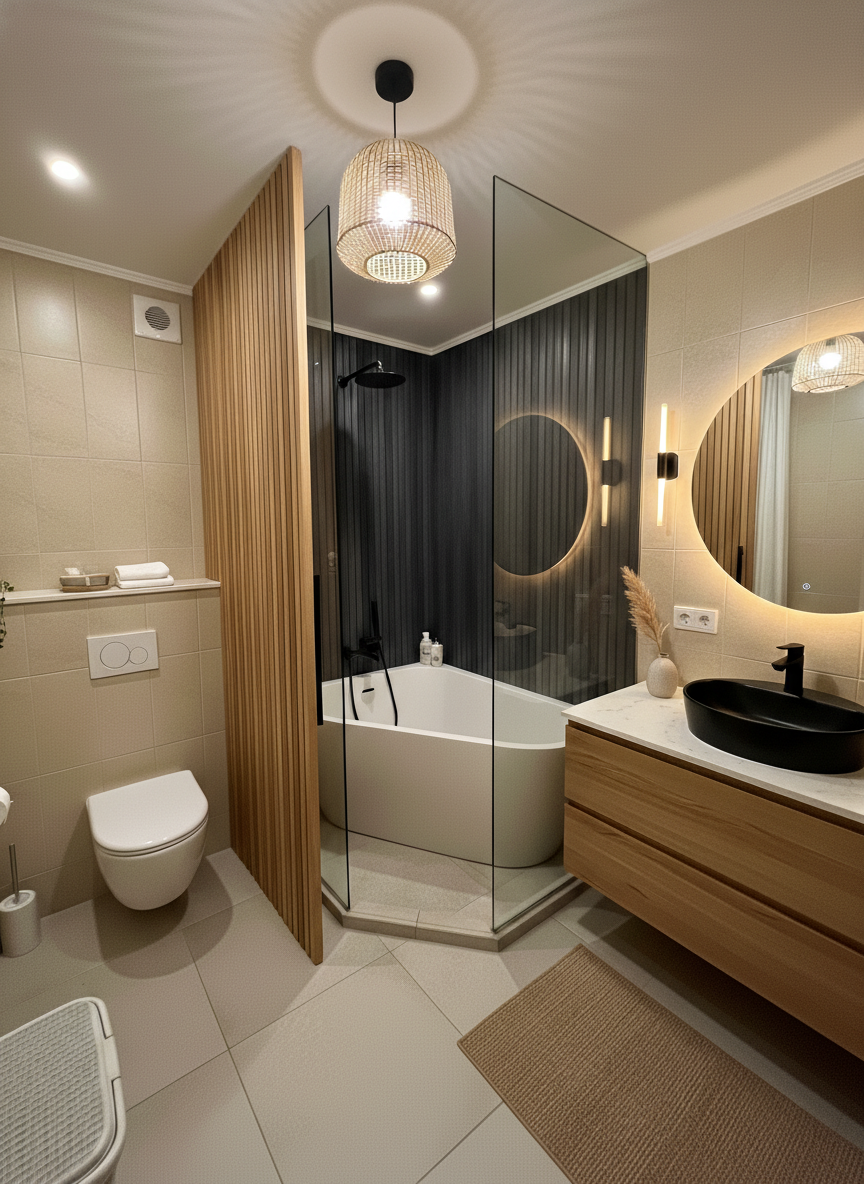 Дизайн ванной в стиле Japandi — фото интерьера от нейросети RoomGPT