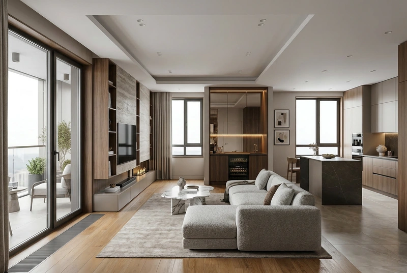 Дизайн интерьера в стиле Контемпорари — Гостиная от нейросети RoomGPT