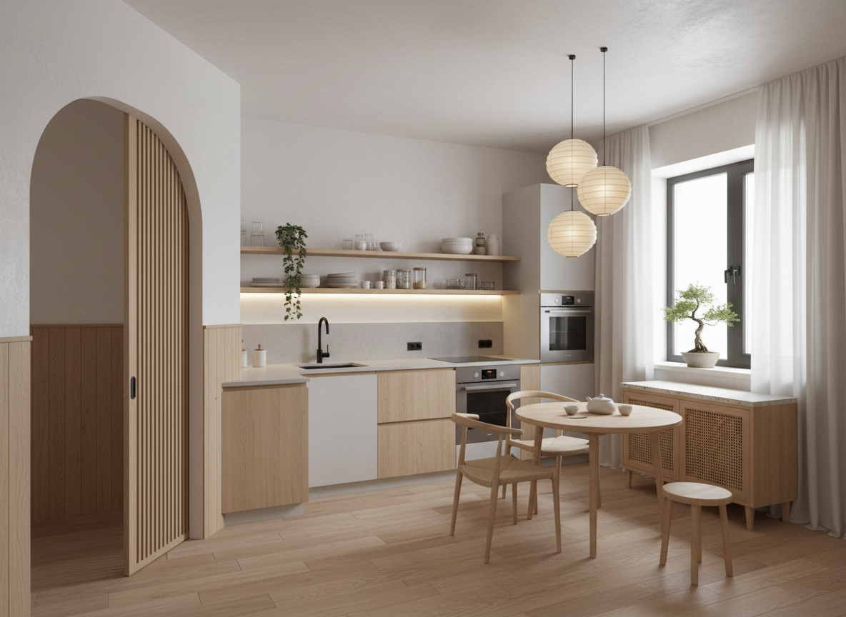 Дизайн кухни в стиле Japandi — фото интерьера от нейросети RoomGPT