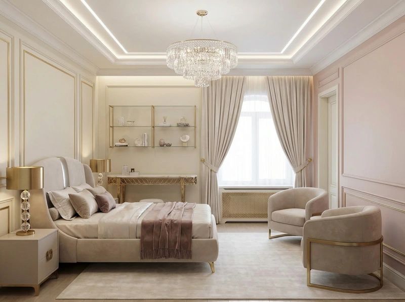 Дизайн спальни в стиле Неоклассика — фото интерьера от нейросети RoomGPT