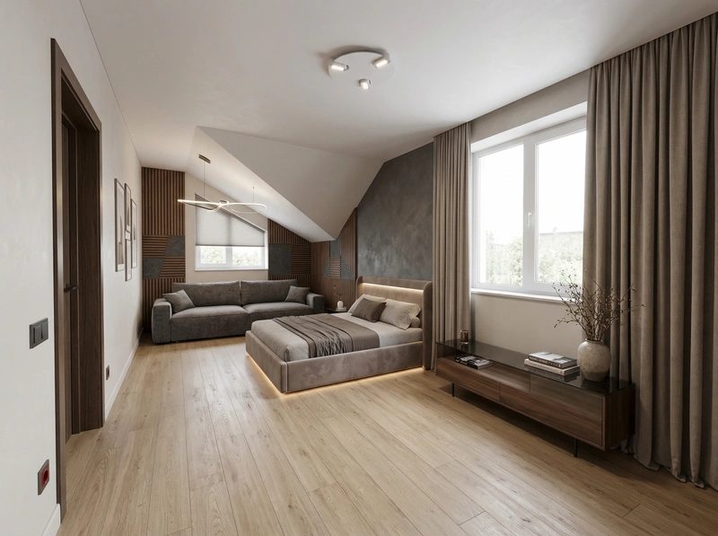 Дизайн спальни в стиле Контемпорари — фото интерьера от нейросети RoomGPT