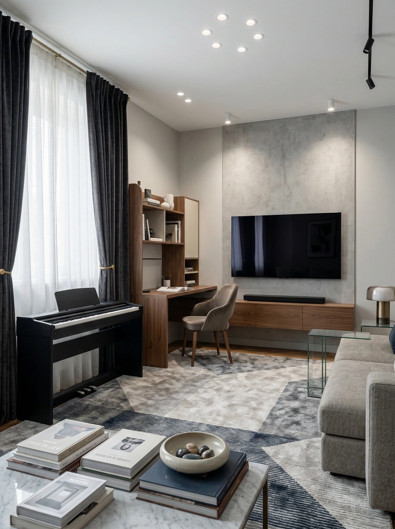 Дизайн интерьера в стиле Контемпорари — Гостиная от нейросети RoomGPT