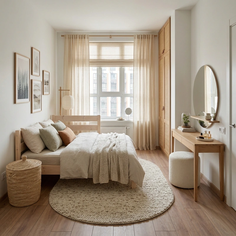 Дизайн спальни в стиле Хюгге — фото интерьера от нейросети RoomGPT