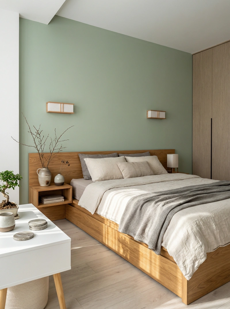 Дизайн спальни в стиле Japandi — фото интерьера от нейросети RoomGPT