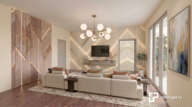 Дизайн интерьера в стиле Контемпорари — Гостиная от нейросети RoomGPT