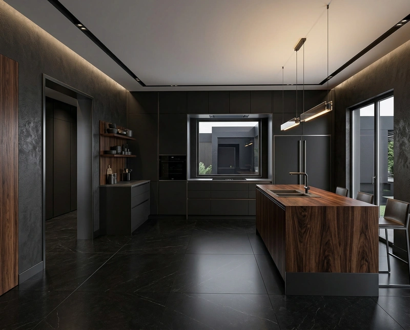 Дизайн кухни в стиле Блэктэк — фото интерьера от нейросети RoomGPT