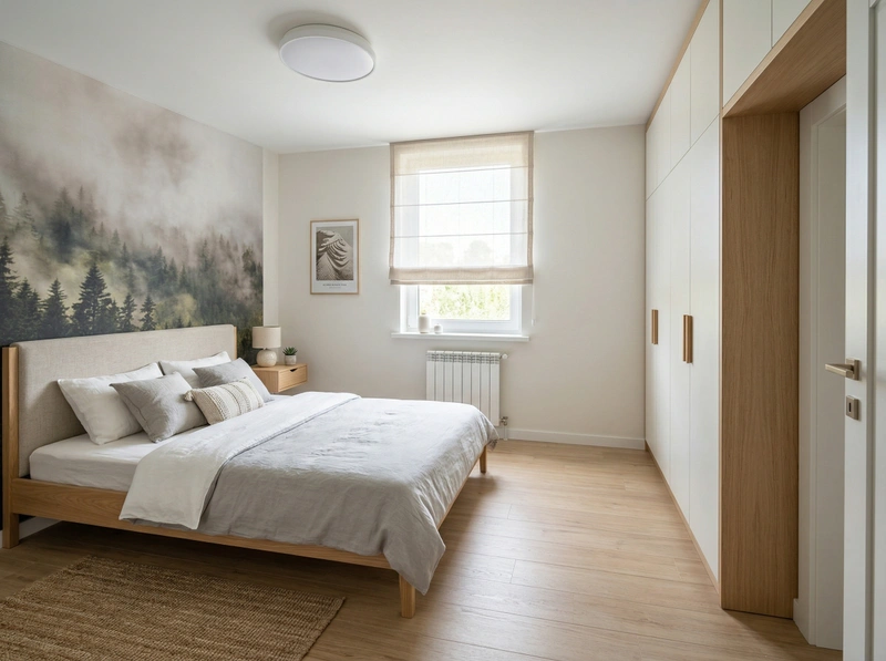 Дизайн спальни в стиле Сканди — фото интерьера от нейросети RoomGPT