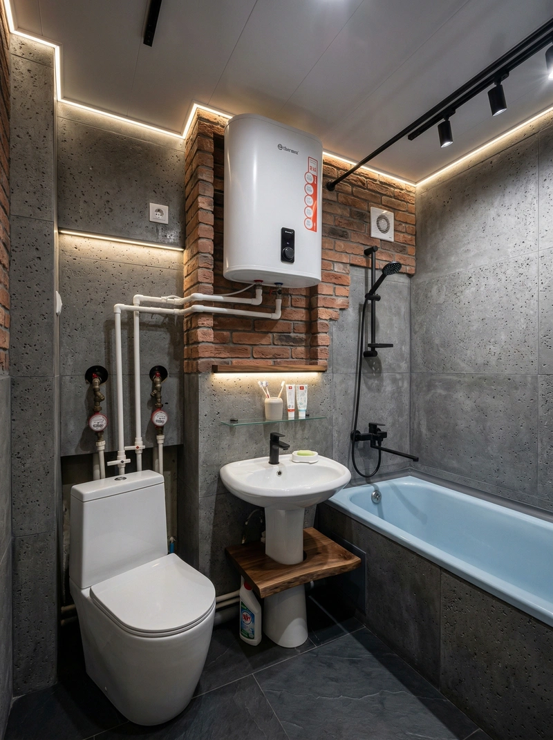 Дизайн ванной в стиле Лофт — фото интерьера от нейросети RoomGPT