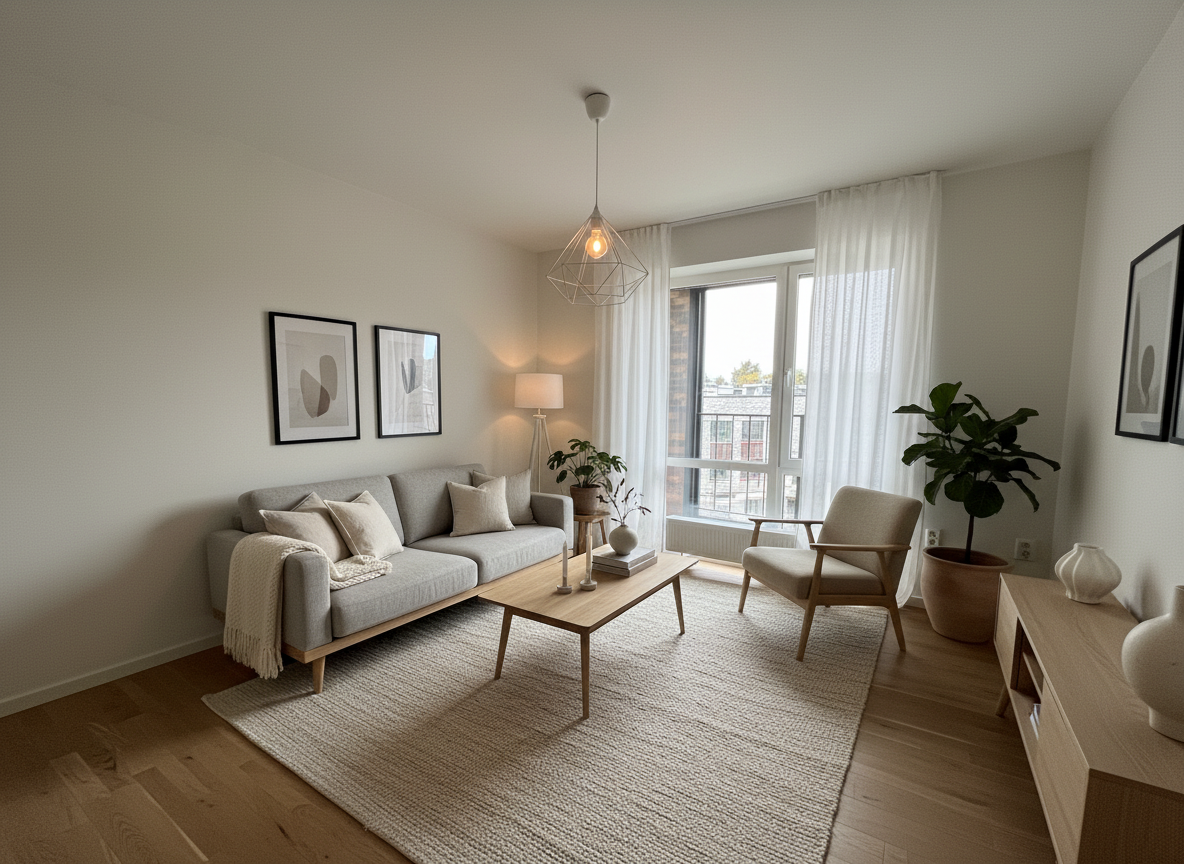 Дизайн гостиной в стиле Хюгге — фото интерьера от нейросети RoomGPT