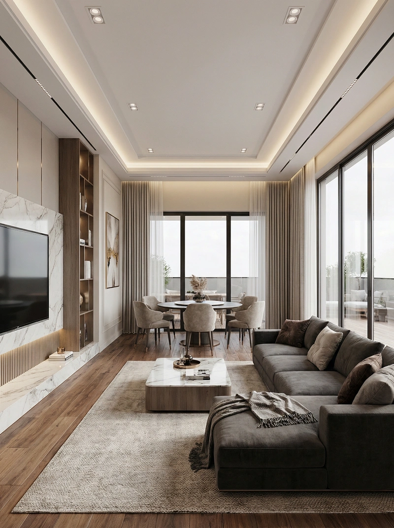 Дизайн интерьера в стиле Контемпорари — Гостиная от нейросети RoomGPT