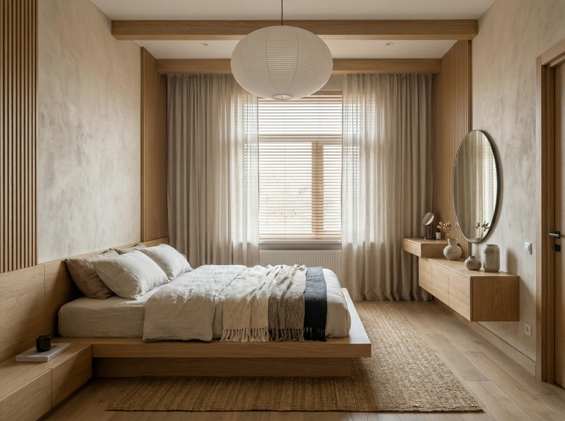 Дизайн спальни в стиле Japandi — фото интерьера от нейросети RoomGPT