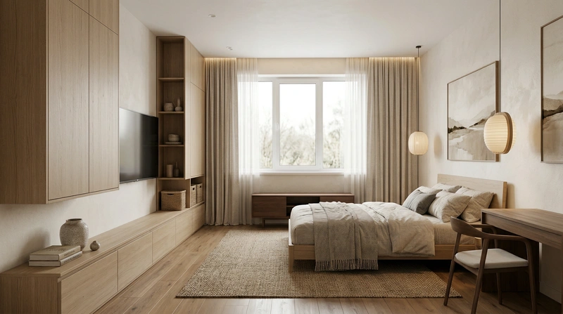 Дизайн спальни в стиле Japandi — фото интерьера от нейросети RoomGPT