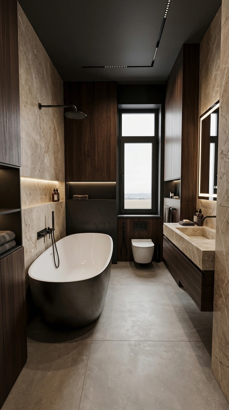 Дизайн ванной в стиле Блэктэк — фото интерьера от нейросети RoomGPT