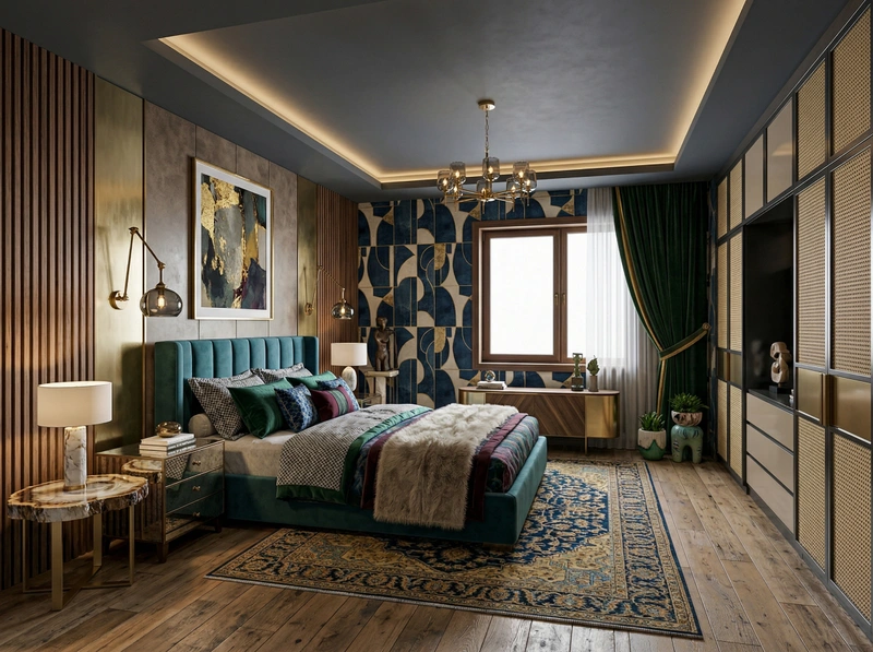 Дизайн спальни в стиле Эклектика — фото интерьера от нейросети RoomGPT