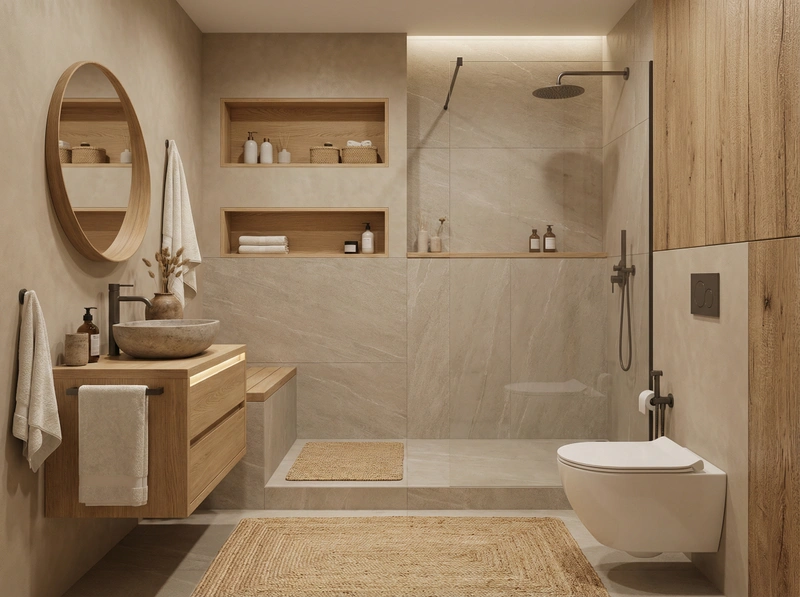 Дизайн ванной в стиле Japandi — фото интерьера от нейросети RoomGPT