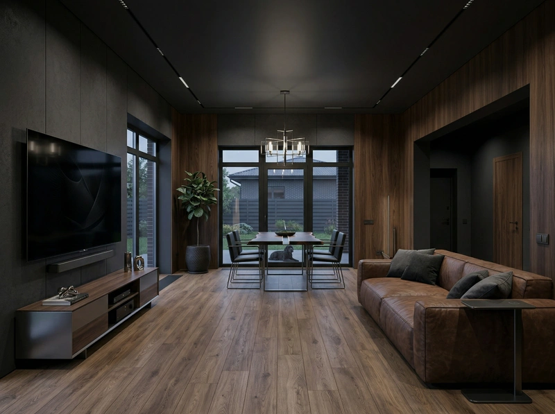 Дизайн гостиной в стиле Блэктэк — фото интерьера от нейросети RoomGPT