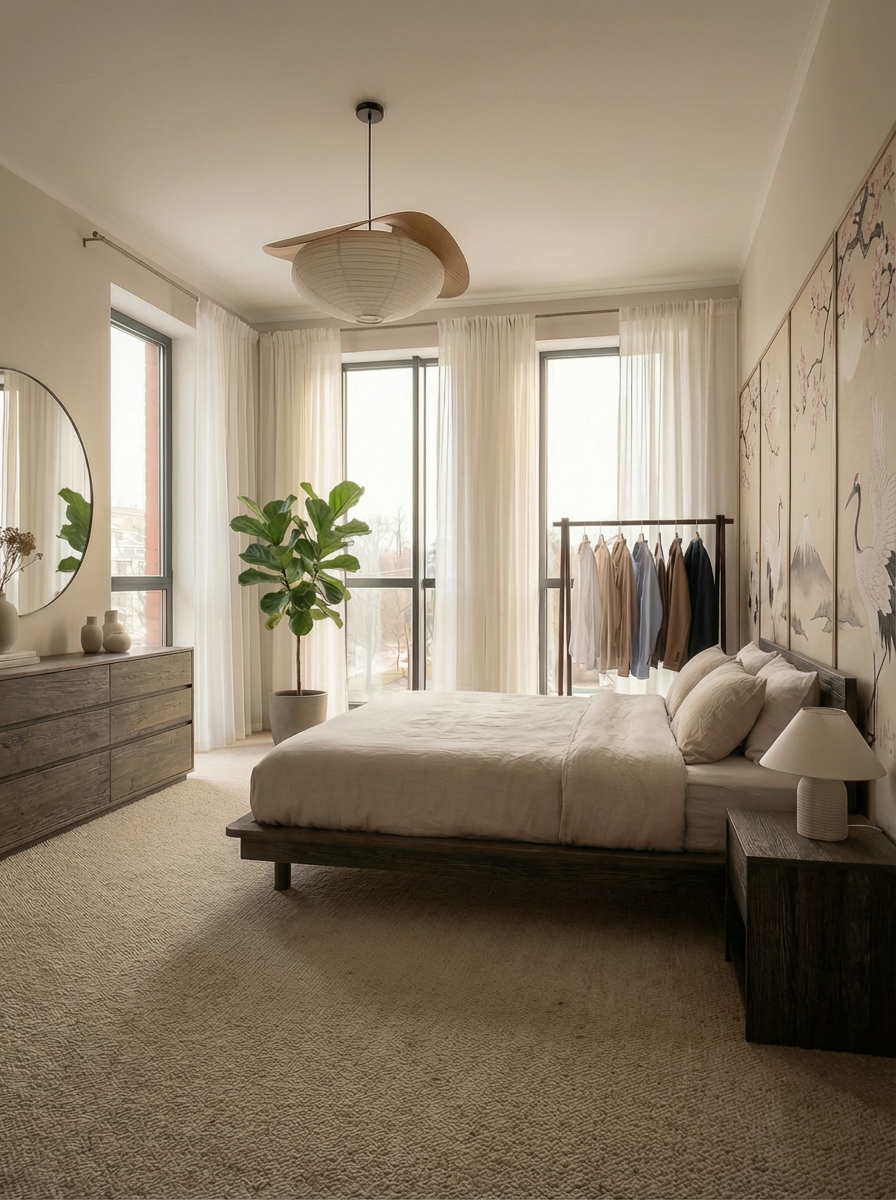 Дизайн спальни в стиле Japandi — фото интерьера от нейросети RoomGPT