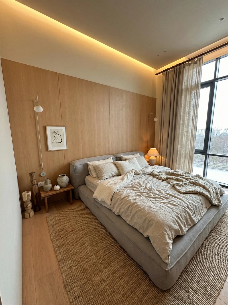 Дизайн спальни в стиле Japandi — фото интерьера от нейросети RoomGPT