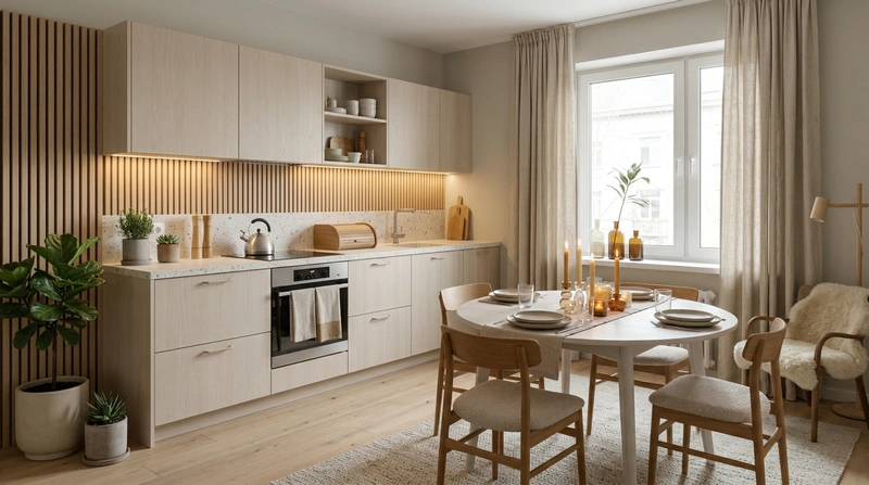 Дизайн кухни в стиле Хюгге — фото интерьера от нейросети RoomGPT