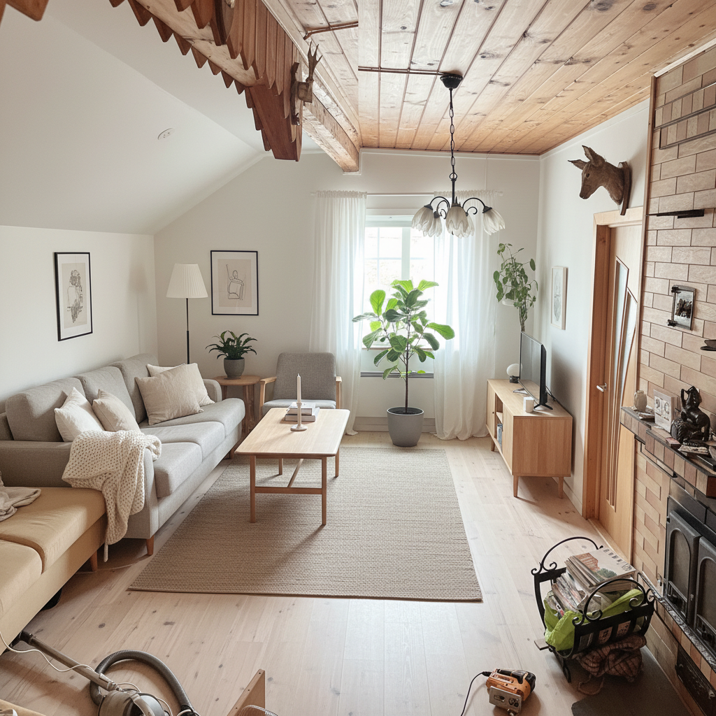 Дизайн гостиной в стиле Хюгге — фото интерьера от нейросети RoomGPT