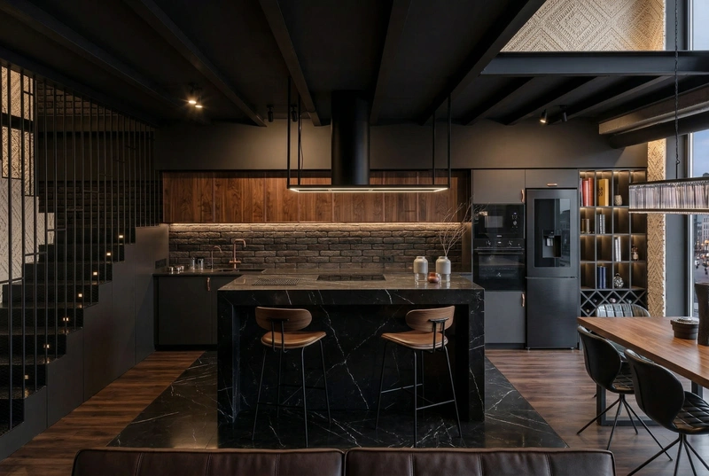Дизайн кухни в стиле Блэктэк — фото интерьера от нейросети RoomGPT