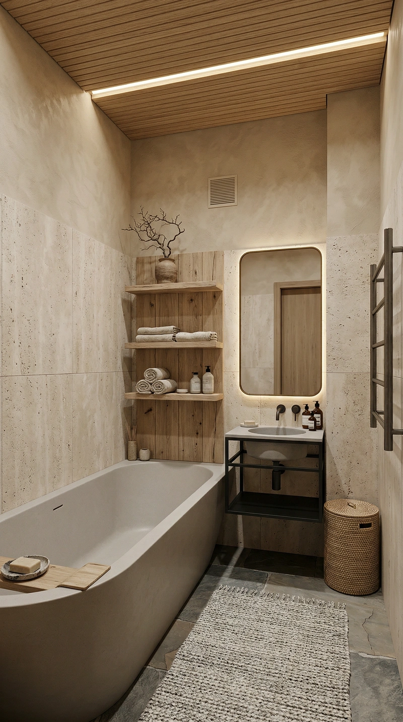 Дизайн ванной в стиле Japandi — фото интерьера от нейросети RoomGPT