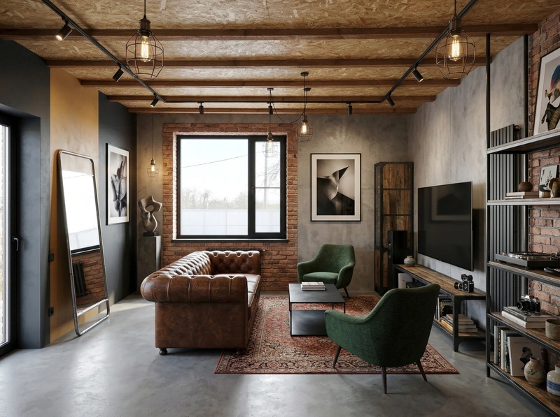 Дизайн гостиной в стиле Лофт — фото интерьера от нейросети RoomGPT