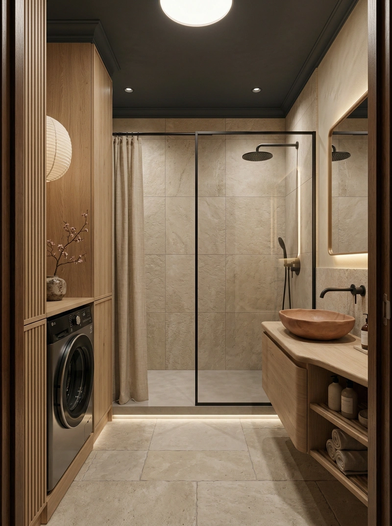 Дизайн ванной в стиле Japandi — фото интерьера от нейросети RoomGPT
