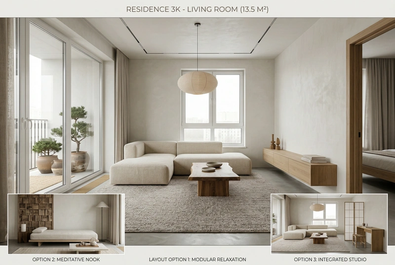 Дизайн гостиной в стиле Japandi — фото интерьера от нейросети RoomGPT