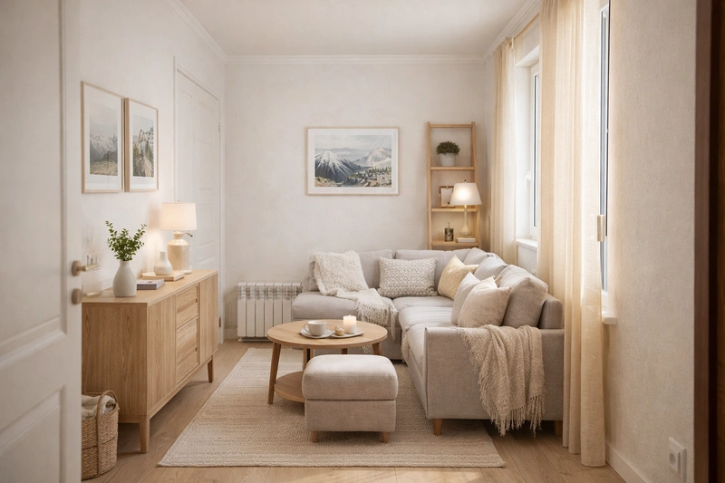 Дизайн гостиной в стиле Хюгге — фото интерьера от нейросети RoomGPT