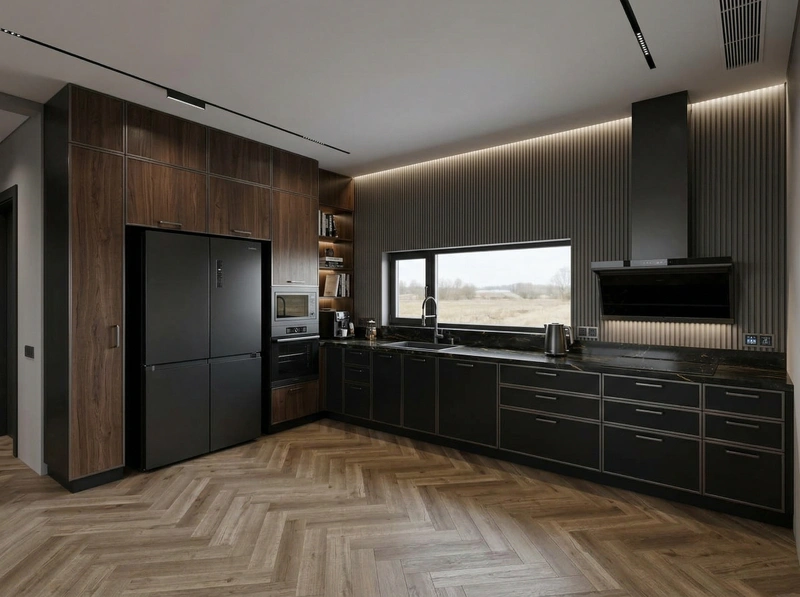 Дизайн кухни в стиле Блэктэк — фото интерьера от нейросети RoomGPT