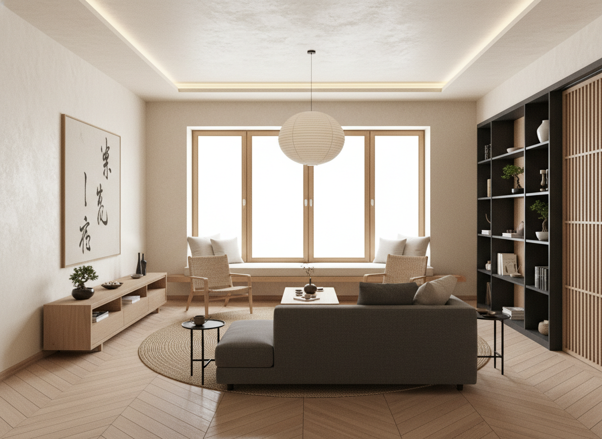 Дизайн гостиной в стиле Japandi — фото интерьера от нейросети RoomGPT