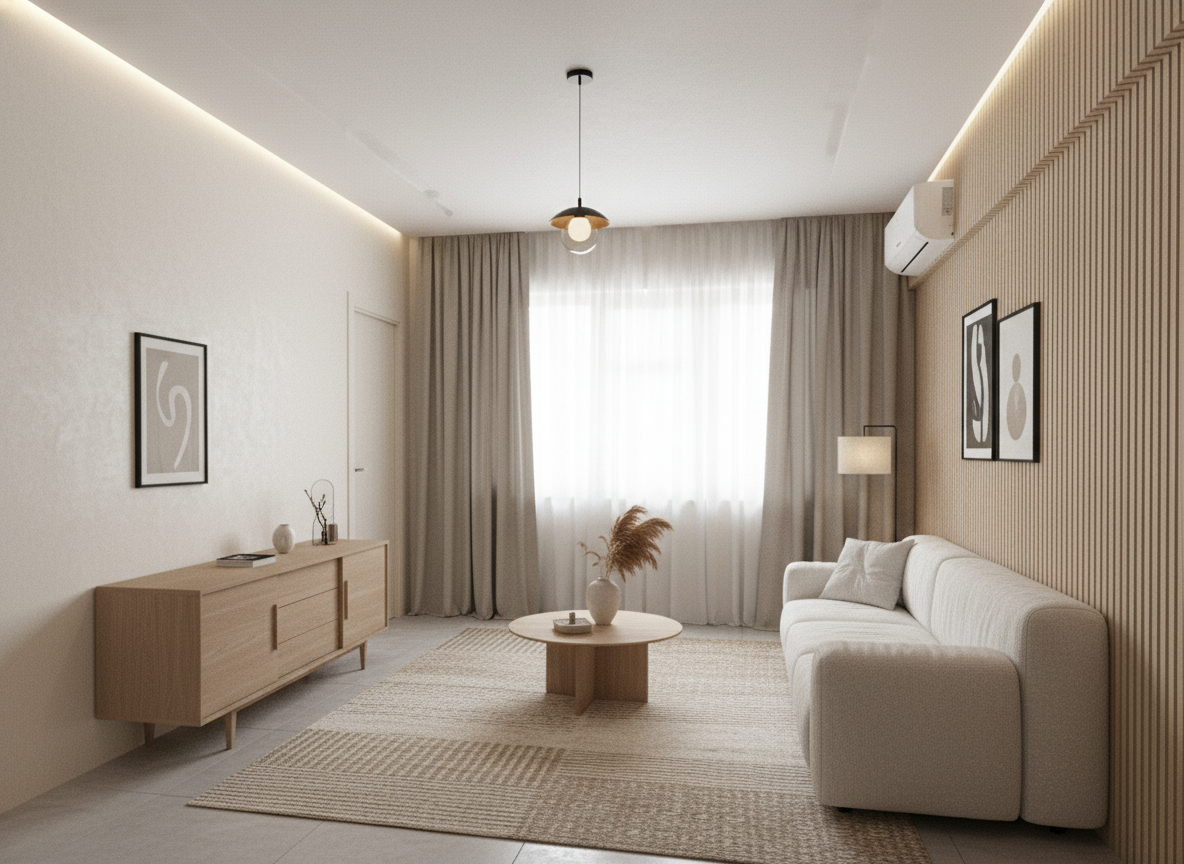 Дизайн гостиной в стиле Japandi — фото интерьера от нейросети RoomGPT