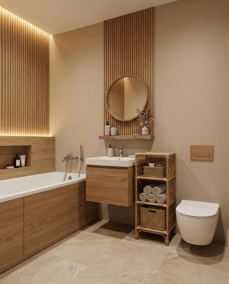 Дизайн ванной в стиле Japandi — фото интерьера от нейросети RoomGPT