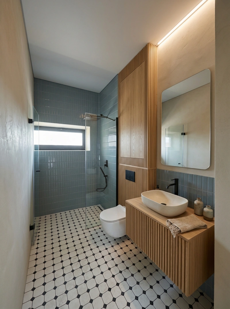 Дизайн ванной в стиле Japandi — фото интерьера от нейросети RoomGPT