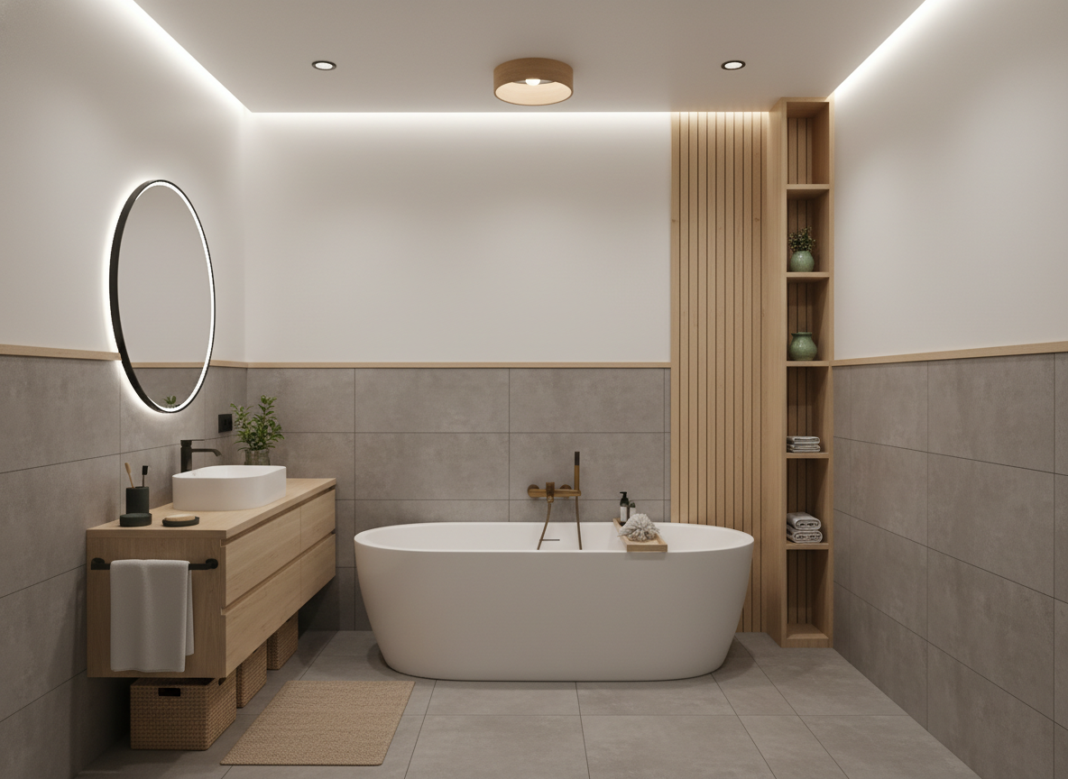 Дизайн ванной в стиле Japandi — фото интерьера от нейросети RoomGPT