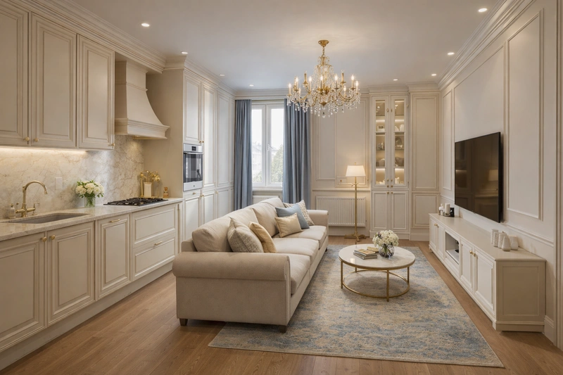 Дизайн кухни в стиле Классика — фото интерьера от нейросети RoomGPT