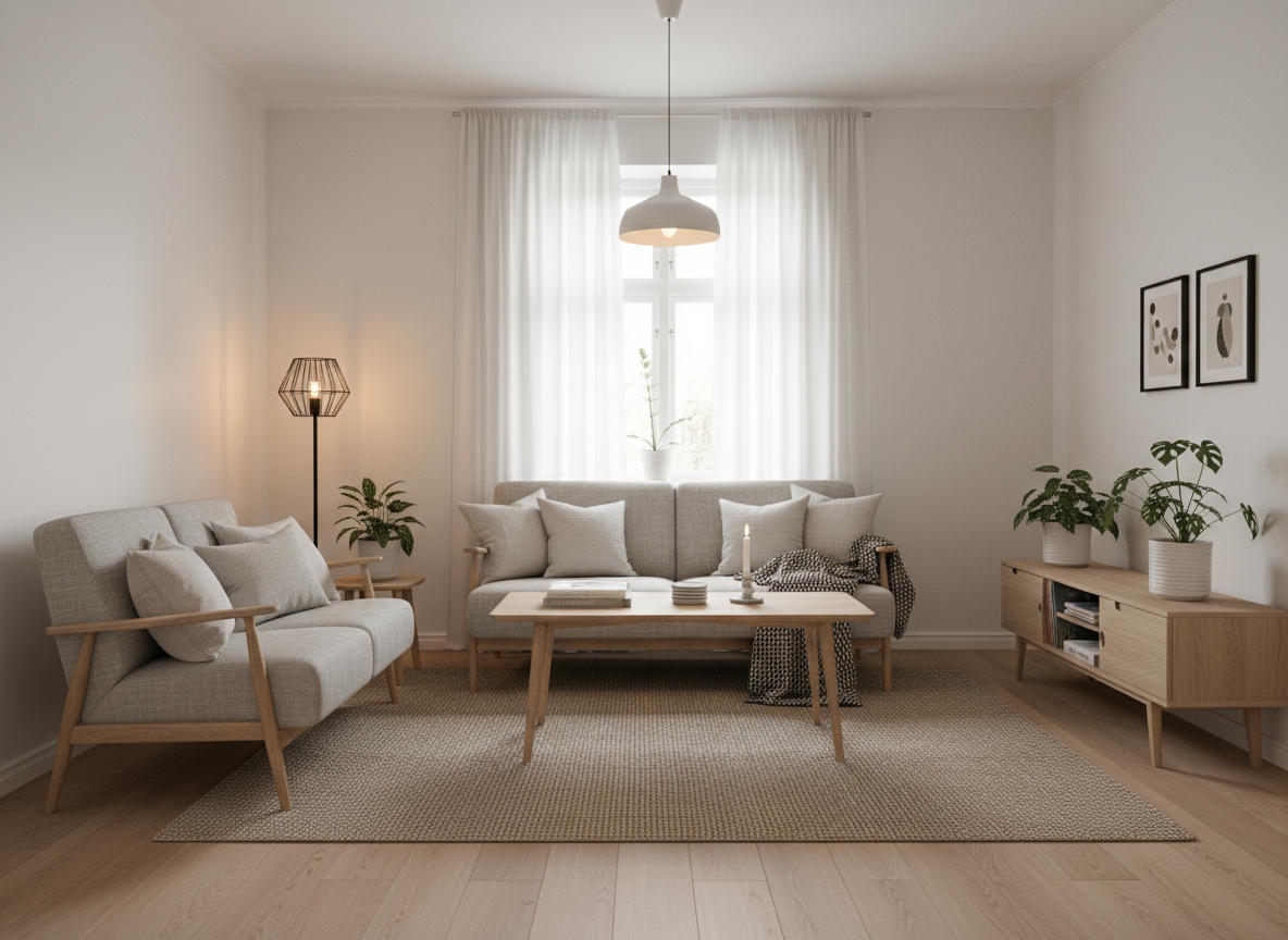 Дизайн гостиной в стиле Хюгге — фото интерьера от нейросети RoomGPT