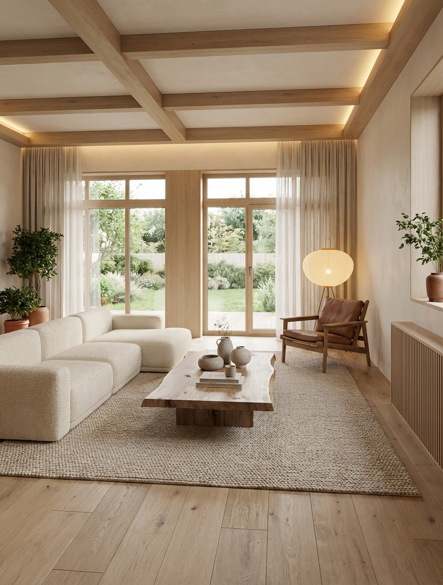 Дизайн гостиной в стиле Japandi — фото интерьера от нейросети RoomGPT